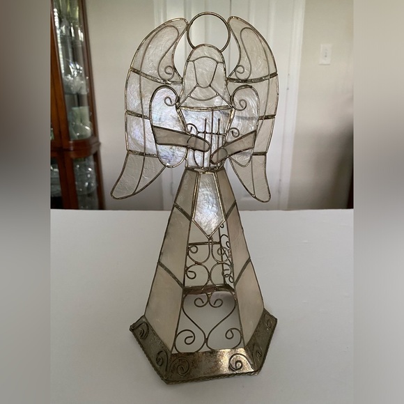 Vintage Capiz Shell Gold Christmas Angel Tree Stand Home Decor Large 11.5” - Picture 10 of 14